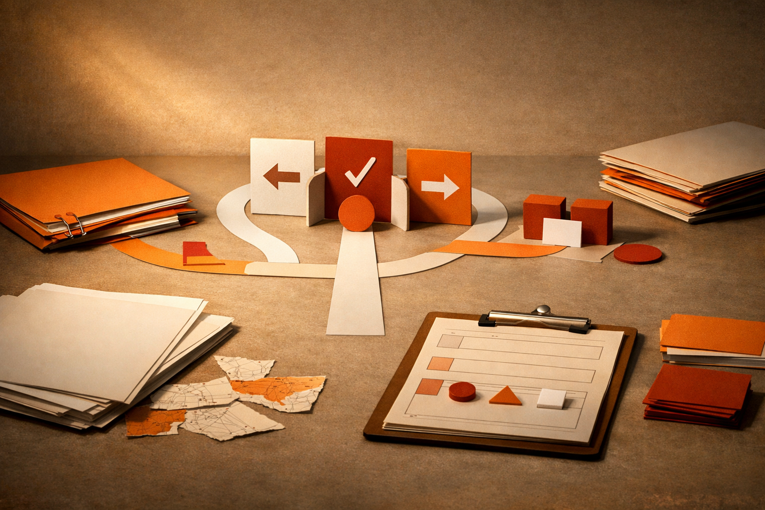 An unoccupied editorial still life for From Chat Prompts to Agentic Workflows: 30-Day Agentic Workflow Review - Evidence, Not Hype, shown through abstract documents, decision gates, warm orange light, and empty space with no visible text or people.