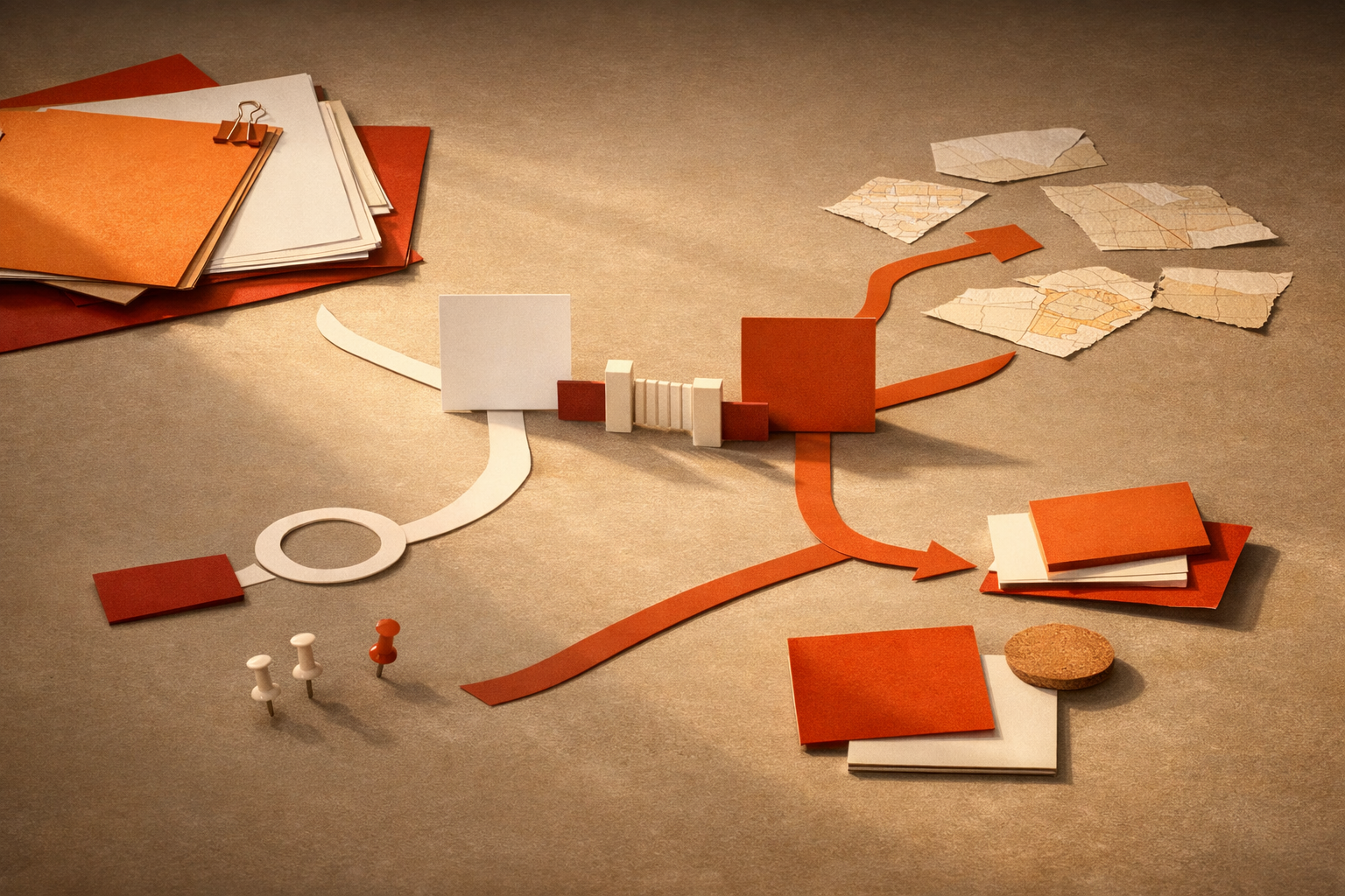 An unoccupied editorial still life for From Chat Prompts to Agentic Workflows: Parallel Agent Run Board - Supervised Team Operation, shown through abstract documents, decision gates, warm orange light, and empty space with no visible text or people.