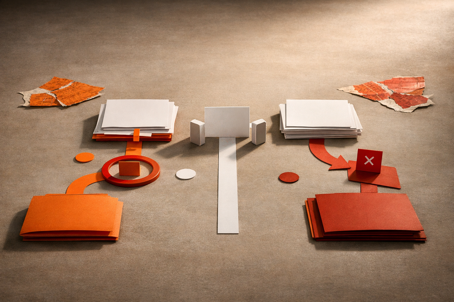 An unoccupied editorial still life for From Chat Prompts to Agentic Workflows: Score Agentic Readiness - Decision Point, shown through abstract documents, decision gates, warm orange light, and empty space with no visible text or people.