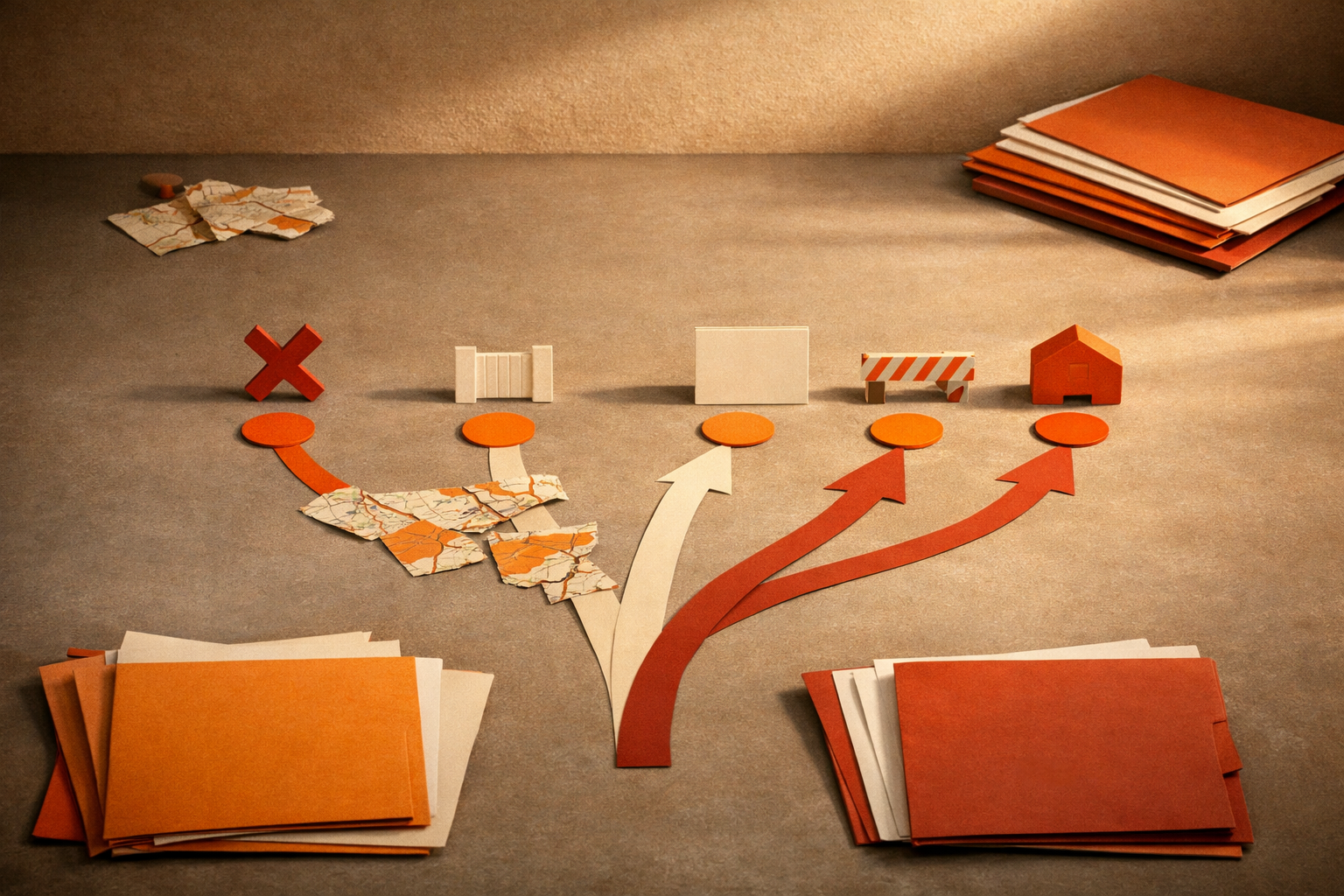 An unoccupied editorial still life for AI Continuity with OpenAI, Open Models, and Local Fallbacks: Provider-Lane Map: Hosted, Open, Local, Hybrid, shown through abstract documents, decision gates, warm orange light, and empty space with no visible text or people.