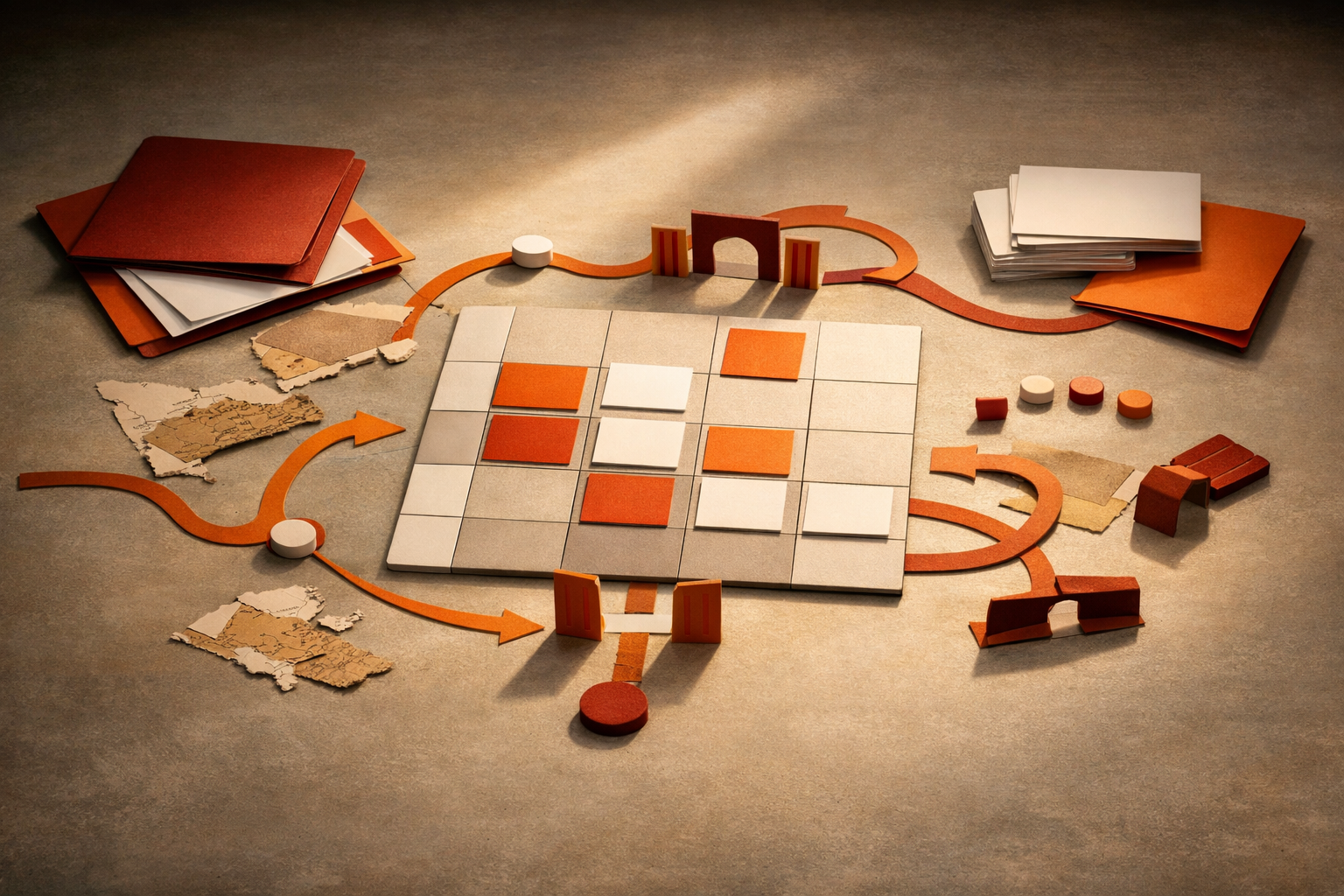 An unoccupied editorial still life for AI Continuity with OpenAI, Open Models, and Local Fallbacks: Portability Matrix: Model Choice by Reality, shown through abstract documents, decision gates, warm orange light, and empty space with no visible text or people.
