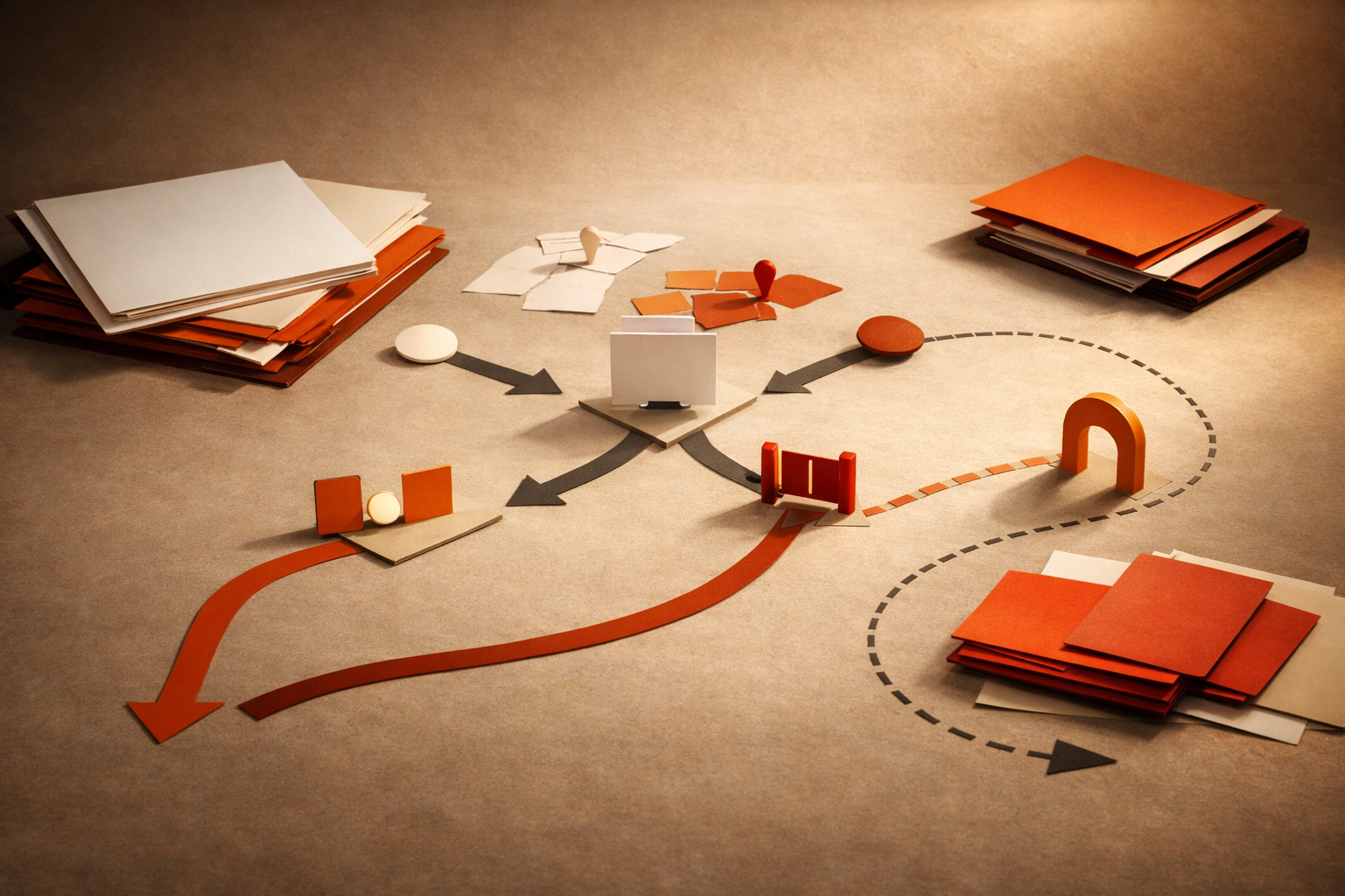 An unoccupied editorial still life for AI Continuity with OpenAI, Open Models, and Local Fallbacks: Dependency Map: AI Access Made Visible, shown through abstract documents, decision gates, warm orange light, and empty space with no visible text or people.