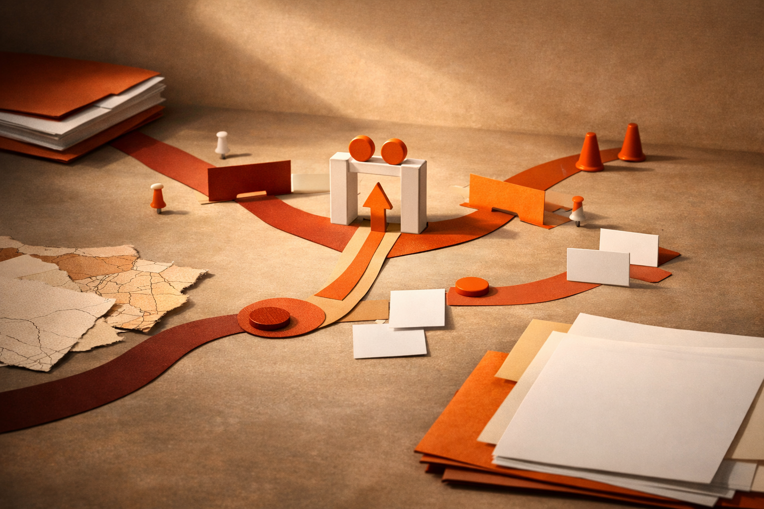 An unoccupied editorial still life for AI Continuity with OpenAI, Open Models, and Local Fallbacks: AI Continuity with OpenAI, Open Models, and Local Fallbacks - Course Intro, shown through abstract documents, decision gates, warm orange light, and empty space with no visible text or people.